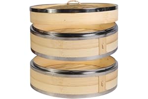 Hcooker 2 Tier Kitchen Bamboo Steamer with Double Stainless Steel Banding for Asian Cooking Buns Dumplings Vegetables Fish Rice