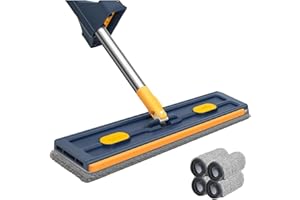 AWLVE Inovia Balai Serpillère - Système Essorage Mains Libres pour Ne Plus Jamais Vous Salir Les Mains, avec 4 Tampons De Nettoyage en Microfibre, Mop Humide Et Sec avec Rotation A 360 Degrés (Bleu)