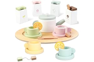 Quanquer Juego de té para niños de madera: 20 piezas para servir té fiesta juguetes set accesorios de cocina infantil, vajilla infantil, juego de rol regalo para niños y niñas