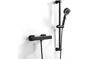 kisimixer Duscharmatur mit Thermostat Set Schwarz, Duschthermostat Mischbatterie Wandmontage mit Brausegarnitur 635mm | Handbrause | 1.5m Schlauch | Thermostat Dusche Set mit 38 °C Sicherheitstaste