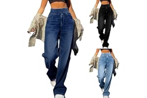 tacniseyw Jeans for Women Elastic High Waisted Wide Leg Jean Pull On Straight Leg Jeans Stretch Comfy Baggy Denim Trousers Ladies Y2K Boyfriend Jean Casual Palazzo Pants with Pockets Yoga Streetwear