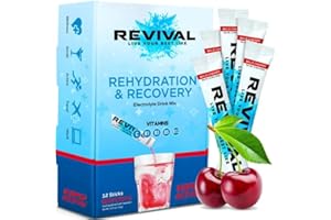 REVIVAL SHOTS Revival Bebida Isotónica Polvos Electrolitos - Potente Suplemento Multivitamínico, Sales Minerales Para Deporte y Hidratación - Cereza 12 Paquete