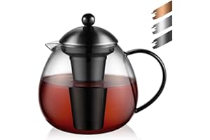 glastal Glas Schwarz Teekanne 1500ml mit 18/8 Edelstahl Teesieb Borosilicate Glas Teebereiter Glaskanne Geeignet für Teewarmer