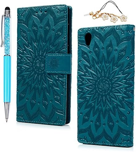 Sony Xperia L1 Leather Case, Premium Folio Leather Wallet Case Flip Notebook Cover Case with [Lifetime Warranty] [Card Slots] [Magnetic Closure] [Embossed Sunflower] for Sony Xperia L1 - Blue