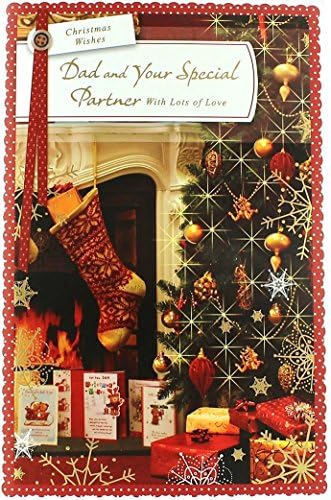 Dad &amp; Partner Christmas Card - Traditional Tree, Fire &amp; Snowflakes 10.75" x 7"