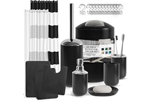 Clara Clark Bathroom Set - Black Bathroom Accessories Set, Bathroom Sets with Shower Curtain and Rugs, 23PC Shower Curtain Set with Liner, Soap Dispenser, Toilet Brush, & Trash Can