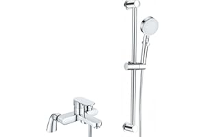 AIMOYO Bath Mixer Taps with Shower Set Modern Bath Taps with Shower Attachment Single Lever Bathtub Tap with Hand Spray Slider Riser Rail Kit, Tub Mixer Tap System for Bathroom, 180mm, Chrome, Brass