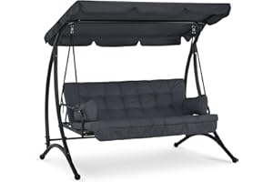 ‎M MCOMBO M MCombo3-SitzerHollywoodschaukel mit Liegefunktion, mit Extradickem Sitzkissen &Sonnendach, Gartenschaukel bis 300kg Belastbar, 201x125x173 cm, Schaukelbank OutdoorWetterfest 4095 (grau)