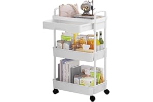DUOJIN Carrello Multiuso in Plastica a 3 Livelli con Maniglia, Carrello Portaoggetti Multifunzione con Cestini in Rete e Ruote Bloccabili per Bagno, Cucina, Ufficio, Aula (Bianco)