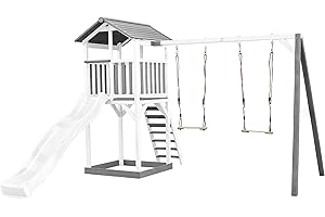 AXI Beach Tower Aire de Jeux avec Toboggan en Blanc, 2 Balançoires & Bac à Sable | Grande Maison Enfant extérieur en Gris & Blanc | Cabane de Jeu en Bois FSC