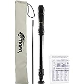 Tiger REC2-BK Soprano Flute Black | Includes Case, Cleaning Brush and Fingering Board, Great for Schools and Beginners, Black