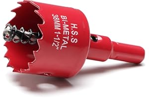 FASTDEPLE Otwornica 38mm, bi-metalowa otwornica do drewna z adapterem sześciokątnym i końcówką środkową, HSS M42 otwornica do żelaza, aluminium, drewna, płyt gipsowo-kartonowych, czerwona