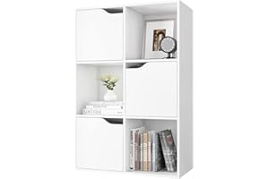 FirFurd Librería Blanca, Estantería Madera, Mueble Almacenaje para Libros, con 6 Cubos y 3 Puertas, para Oficina, Estudio, Salón, Moderno, 60x29x90cm