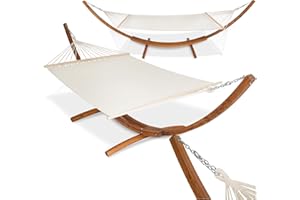 tectake® Hamac sur Pied XXL Hamac 2 Places Coton avec Support en Bois 415x150x124cm, Supporte jusqu'à 200 kg, Couchage 205x150cm, Ajustable en Hauteur pour Terrasse Exterieur Piscine