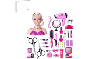 APRILA Kids Hairdressing Makeup Dolls Head, Makeup Hairdressing Doll Styling Head Toy, 45Pcs Doll Head Pretend Makeup Set for Hair Styling with Hairdryer for Little Girls (02), Black