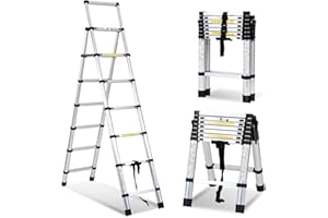 Gimisgu Teleskopleiter Klapptrittleiter 2m+2,3m Aluminium Stehleiter Stabil Ausziehbar Leiter Anti-Rutsch Stufenleiter für Hochklettern Büro Loft 150kg Belastbarkeit