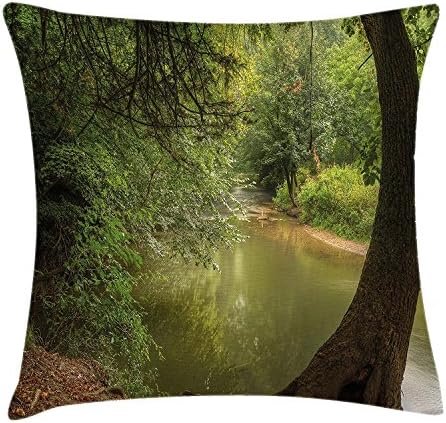 Nature Throw Pillow Cushion Cover, Enchanted Forest View with Trees Growth Eco Greenland Summer Serene Landscape, Decorative Square Accent Pillow Case, 18X18 Inches, Olive Green Brown