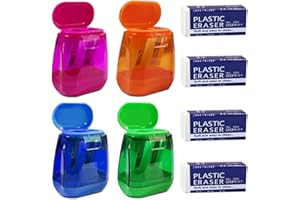 Maxin - Set di 4 temperamatite e 4 gomme da cancellare, temperamatite con doppio foro colorato e tappo, per scuola, ufficio, forniture domestiche e molto altro ancora