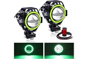YnGia Motorcycle Front Spotlights with Green Halo, 2PCS Motorcycle Daytime Running Lights Led Fog Lights with 3 Wires Switch ON/ON/OFF, U7 Waterproof Motorbike Auxiliary Lights 12V 24V