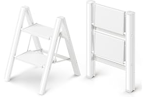 GameGem 2 Step Ladder, Folding Step Stool with Anti-Slip Wide Pedal, Aluminum Material Lightweight yet Sturdy, 150 KG Loading, Cute Modern Apperance for Indoor Household Spaces, White