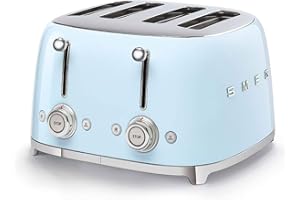 Smeg, Tostapane 4x4 TSF03PBEU, 4 Scomparti da 36mm, 6 Livelli di Doratura, Funzione Riscaldamento, Scongelamento e Bagel, Espulsione Automatica del Pane, 2 Cassetti Raccoglibriciole, 2000W, Azzurro