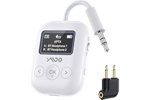 YMOO Upgraded Bluetooth 5.4 Transmisor Receptor para Avión, Transmisor Bluetooth Inalámbrico Esencial para Viajes, Soporta 2 Auriculares, Adaptador 2 en 1 para Aviones, TV, Coche, Home Stereo (Blanco)