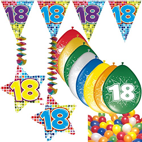 54-teiliges Partydeko Set * ZAHL 18 * für Geburtstag oder 18. Geburtstag mit Girlande, Rotorspiralen, Luftschlangen und vielen Luftballons von CARPETA®