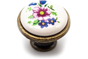 DOJA Barcelona | Pomo Vintage Flor de Primavera | Ø26.5x23mm | Pack 12 | Pomos Antiguos de Porcelana y Latón | Decoración para Cocina y Puertas | Adornos Rústicos