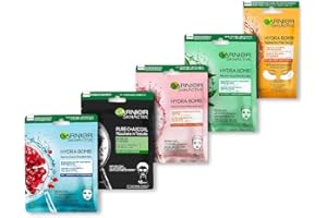 Garnier Maschera in Tessuto HydraBomb, 5 Maschere in Tessuto, Ciascuna con un Effetto Diverso, Per la Cura della Pelle, Confezione da 5