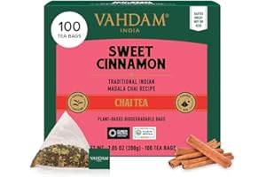VAHDAM Té Chai de Canela Dulce | 100 Bolsitas Piramidales | Mezcla de Té Negro Assam con Canela y Cardamomo | Sabor Chai Especiado | Sellado al Vacío para Frescura