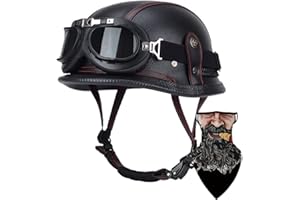 DIRERTYS Deutsche Leder Motorrad Halbhelme Retro Halbschalenhelm JetHelm mit Visier Schnellverschluss Schnalle für Cruiser Chopper Biker Moped DOT/ECE-Zulassung, XXL61~62CM