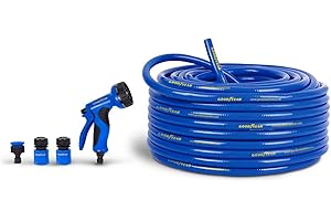 Goodyear - Manguera enrollable 25m. PVC reforzado de 3 Capas. Anti UV Anti Torsión. Manguera de jardín con pistola de riego 9 posiciones 3 conectores rápidos ½’’ ¾’’