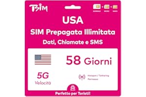 TSIM Scheda SIM USA valida per 58 giorni. Rete T-Mobile con dati illimitati ad alta velocità su 5G/4G/LTE | Chiamate e SMS locali illimitati negli Stati Uniti (inclusa Hawaii). Scheda SIM 5G!