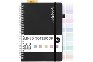 Thboxes A5 Notebook, 80 Sheets A5 Lined Wirebound Spiral Notepad, 100GSM College Ruled Notebook with 24 Labels for Women Men Office School,15 X 21.5 cm, Black