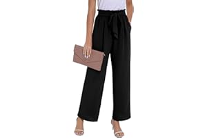 PrinStory Pantalones de pierna ancha para mujer, ligeros, cintura elástica, pantalones de verano con bolsillos, pantalones casuales de trabajo