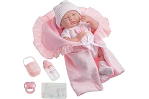 JC Toys- Muñeca La Newborn recién Nacida de 38 cm es de Cuerpo Blando, Incluye Ropa de Punto y 5 Accesorios, Rosa, diseñada en España por Berenguer, +2 años