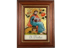 Hinterglaswerkstätten - Hinterglasbild / Patronatsbild Hl. Markus mit braun gebeizten Holzrahmen, handbemalt mit Legende des Heiligen auf der Bildrückseite, ca. B: 12,5 x H: 16 cm