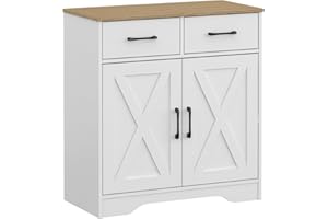 Panana Wooden Storage Cabinet Rustic Organizer for Living Room Kitchen Free-Standing 2 Doors 2 Drawers Hallway Farmhouse Style (White)