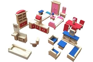 JOYIAL 5sets Family Kids Toy Colorful Wooden Doll House Furniture Gift Accessories, Miniature Bathroom/Living Room/Dining Room/Bedroom/Kitchen House(size:9.05x3.94x10.24inch)