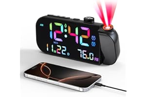 Yaskyly Projection Alarm Clock with Radio Digital Clock with 180° Rotatable Projector for Bedroom with RGB Display, FM Clock Radio, Dual Alarm, USB Port, Snooze,12/24H,Bedside Digital Alarm Clock Gift
