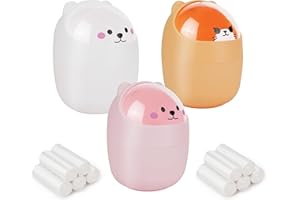 MOAMUN 3 Piezas Mini Papelera Escritorio con 200 Bolsas Basura, Bonito Animal Cubo Papelera Oficina con Tapa Volteable, Duradero Cubo Basura Pequeño para Oficina En Casa Cocina Dormitorio Tocador Buró