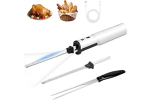 PAHTTO Elektromesser 8 V, Elektrisches Küchenmesser kabellos mit 2 scharfen Edelstahlklingen und Gabel, Sicherheitsverriegelung, zum Schneiden von Truthahn Fleisch Brot Gemüse Obst Fisch