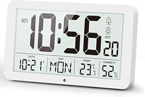 YsyYey Grande sveglia digitale con monitor di temperatura e umidità, orologio da parete USB/batteria intelligente da montare a parete e da comodino con oscuramento automatico, DST automatico, orologio