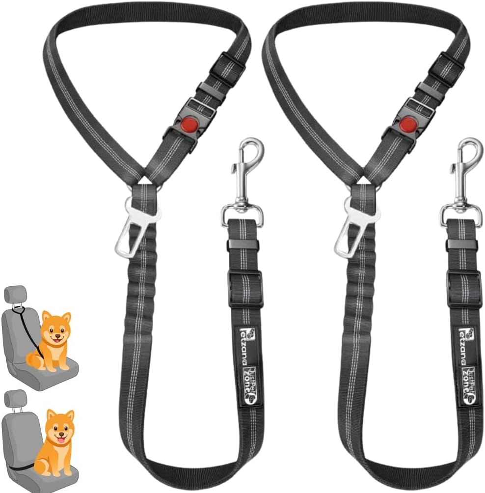 Comfortable Dog Seat Belt Harness for Car - 2-in-1 Leash and Restraint Secures to Headrest. Adjustable Bungee, Strong, Durable, 360 Degree Swivel Attach Won't Twist, Reflective, Easy to Use (Black)