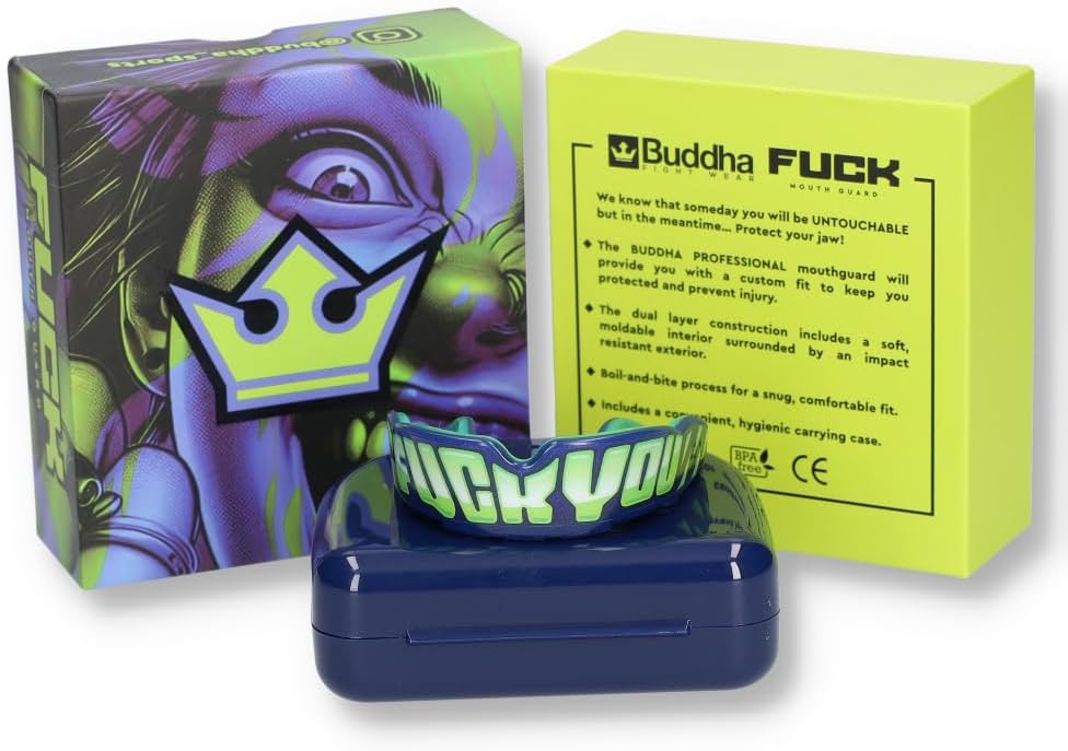 BUDDHA FIGHT WEAR Protector bucal Premium adultos y niños +12 Años para todos los deportes de contacto, incluidos rugby, MMA, kickboxing, judo, hockey y boxeo (Azul-Amarillo)