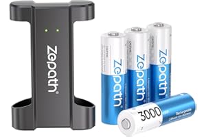 Zepath 4 x AA Rechargeable Lithium Batteries With 2 Slot Charger, High Capacity 3000mAh Lithium AA Battery 1.5V Constant Output 1600 Cycles, Rechargeable Battery Charger Fast Charging