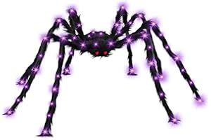 ANIEPAA Halloween Deko Outdoor, Halloween Spinne mit 70 Lila LEDs Lichterkette, Halloween Deko Outdoor Spinnen, Spinne Halloween Groß 150cm, Plüsch Riesenspinne für Halloween Deko Garten