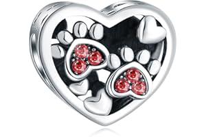 CRISNATA Puppy Dog Paw Print Charms with Brithstone Crystal, 925 Sterling Silver Pawprint Heart Bead, fits European Animal Bracelet Necklace, Gifts for Mum/Child/Best Friend/Pet Lover