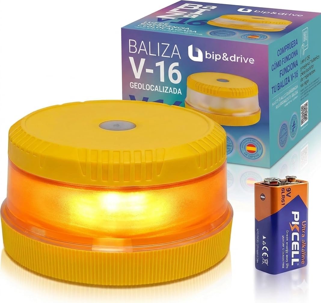 Baliza V16 Homologada DGT con Geolocalización | Luz de Emergencia Coche LED 360° 1km | Conectada Plataforma DGT 3.0 | Resistente a la Lluvia | con Indicador de Batería y Base Imantada | Bip&Drive