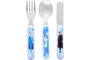 Disney II Frozen - Juego de cubiertos de 3 piezas de metal, cuchillo, tenedor y cuchara reutilizables para niños, tamaño infantil, hecho de acero inoxidable apto para alimentos y plástico ABS, con